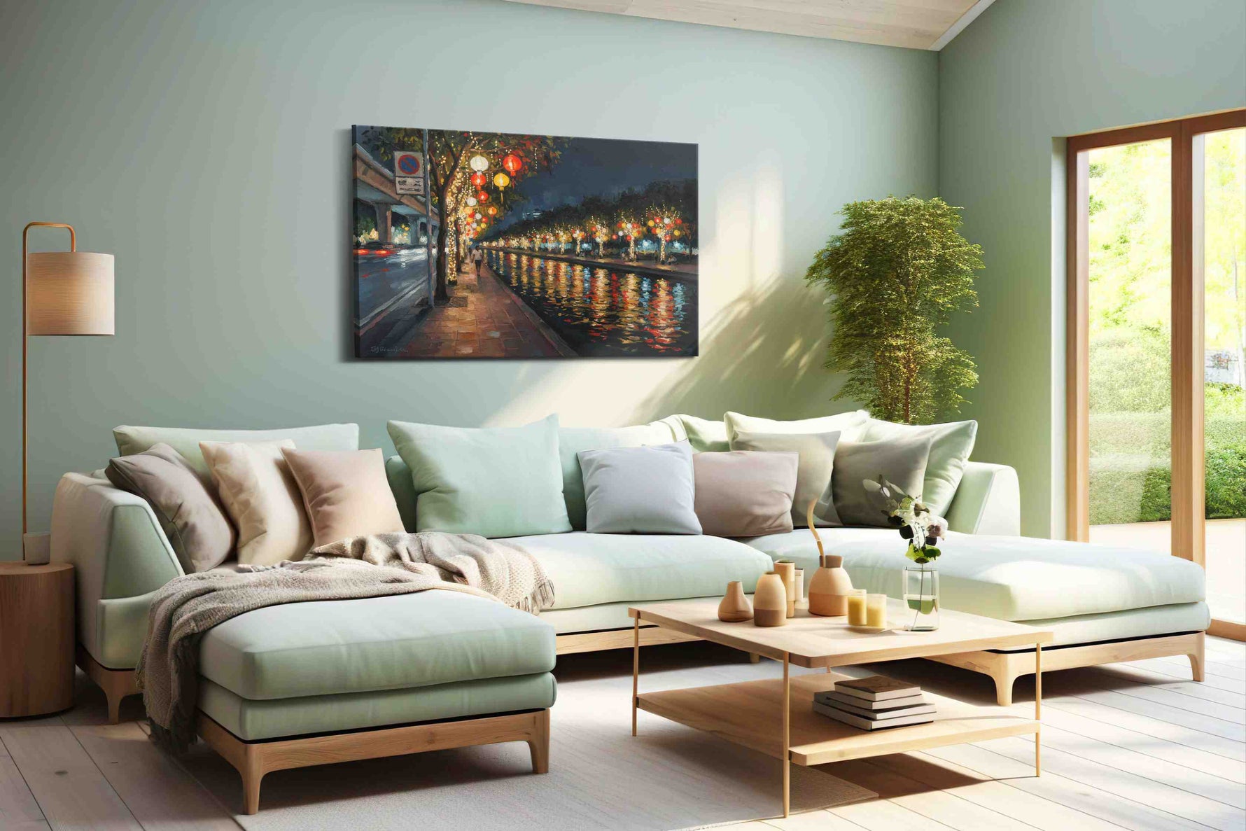 Reflections of a Lanterned Night urban canvas print, hanging on wall