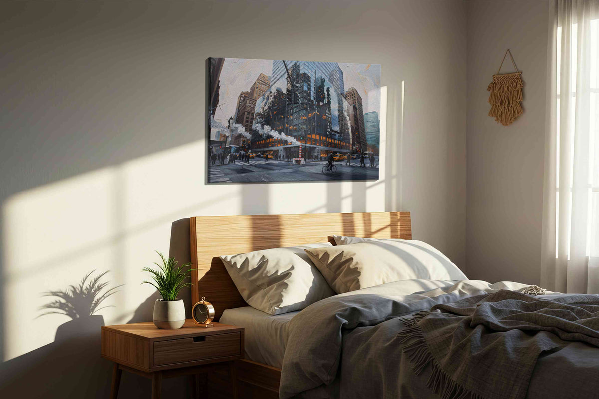 Reflective City Symphony urban canvas print, displayed in a bedroom