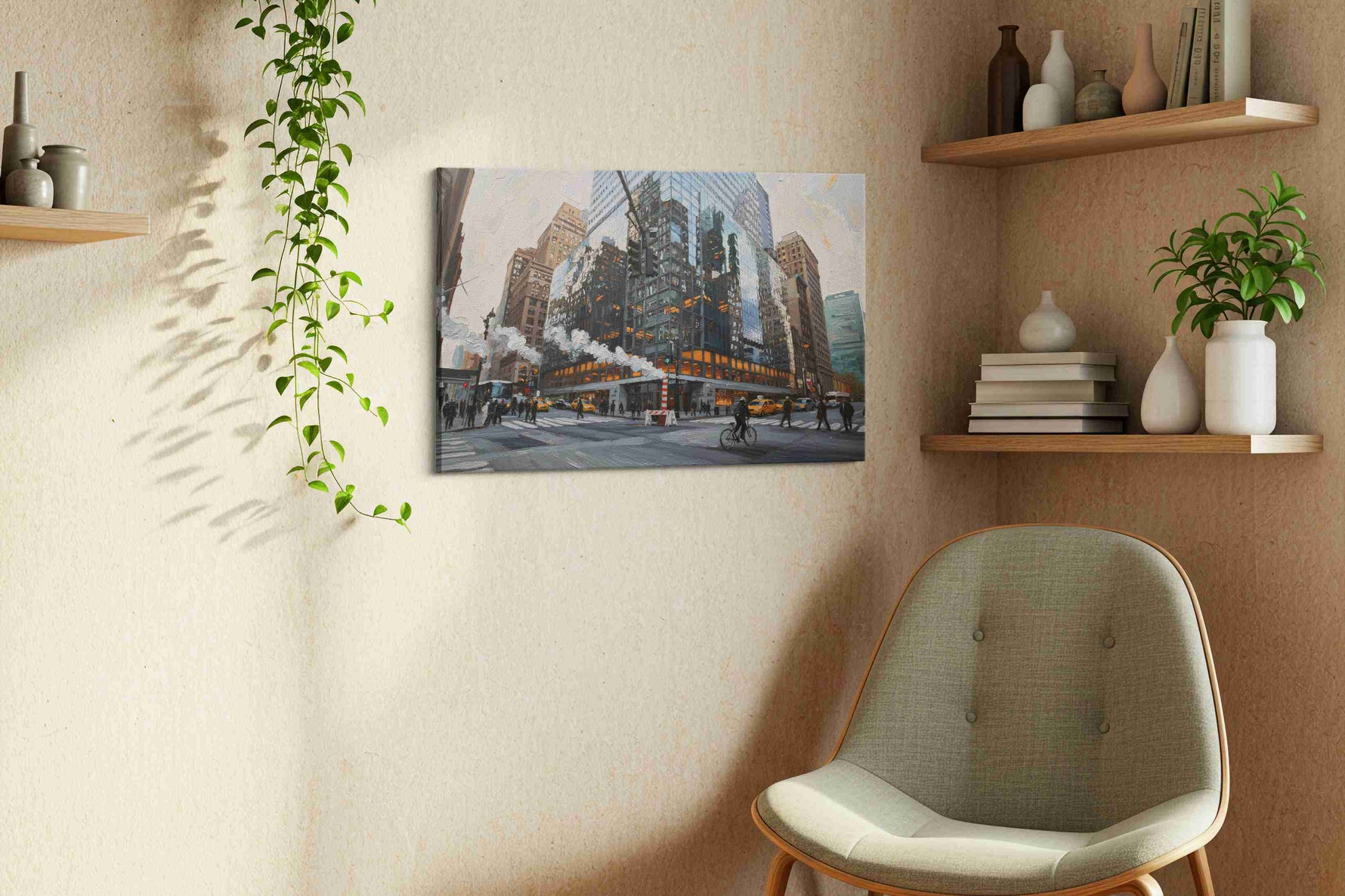 Reflective City Symphony urban canvas print styled in a living room