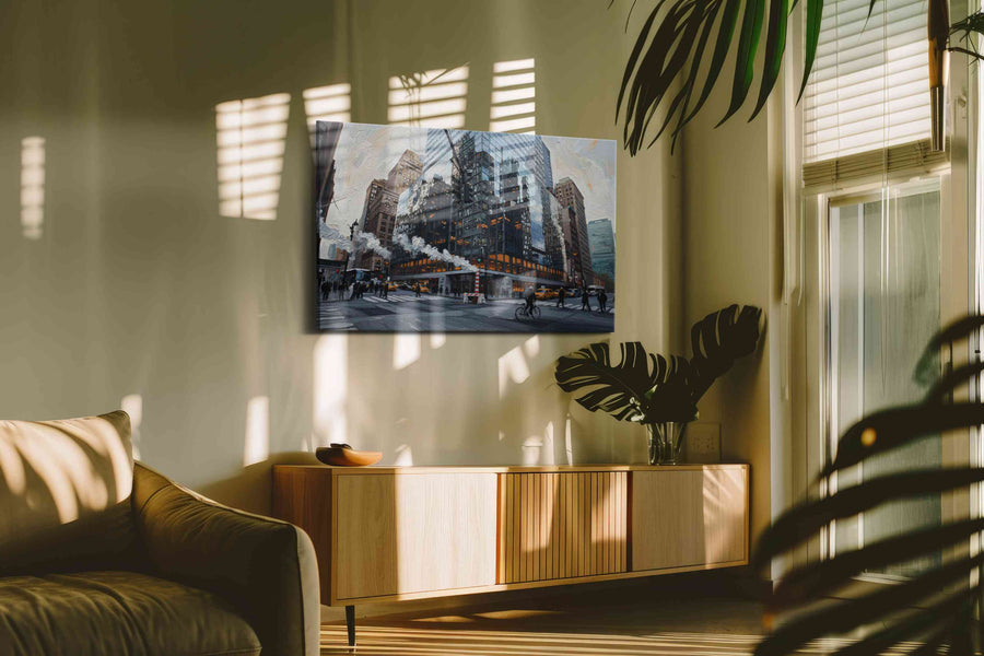 Reflective City Symphony – urban canvas wall art, gallery-wrapped, ready to hang