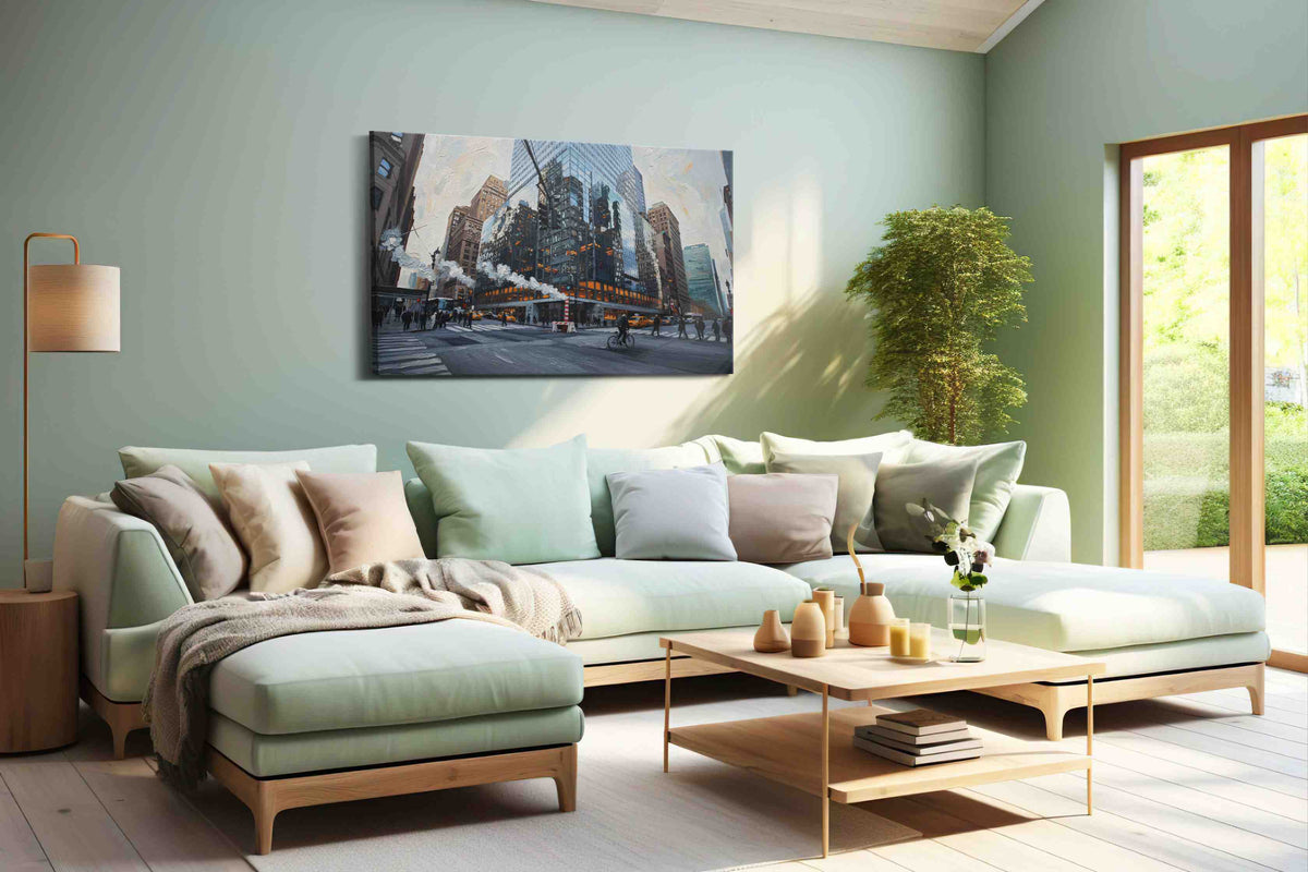 Reflective City Symphony urban canvas print, hanging on wall