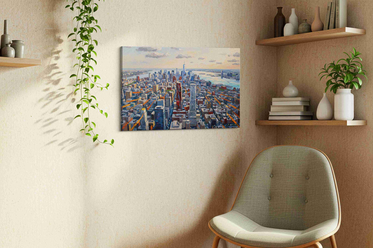 Skyline Symphony urban canvas print, displayed in a living room
