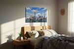 Skyscraper Symphony landscape canvas print, displayed in a bedroom