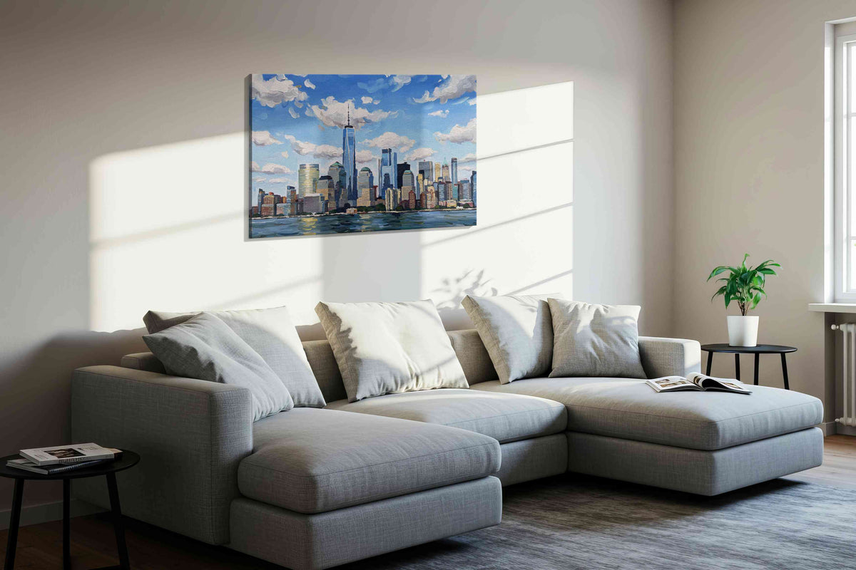 Skyscraper Symphony landscape canvas print, displayed in a living room