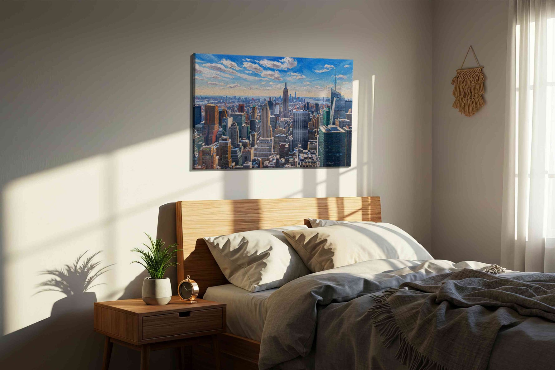 Skyscraper Symphony II urban canvas print, displayed in a bedroom