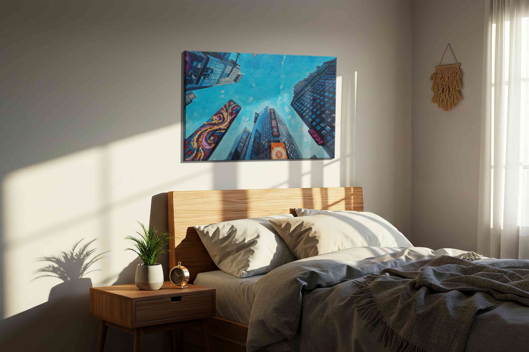 Skyscraper Symphony III urban canvas print, displayed in a bedroom