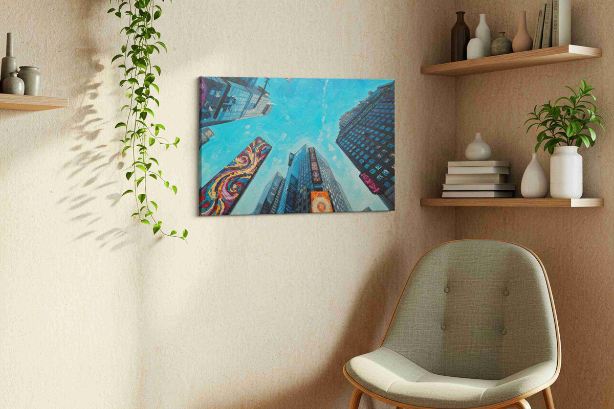 Skyscraper Symphony III urban canvas print, displayed in a living room