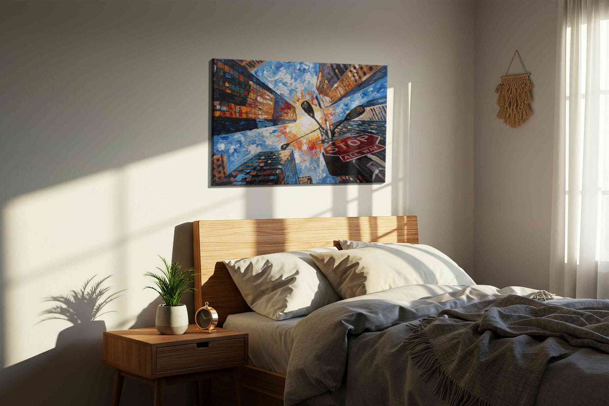 Skyward Metropolis Symphony urban canvas print, displayed in a bedroom