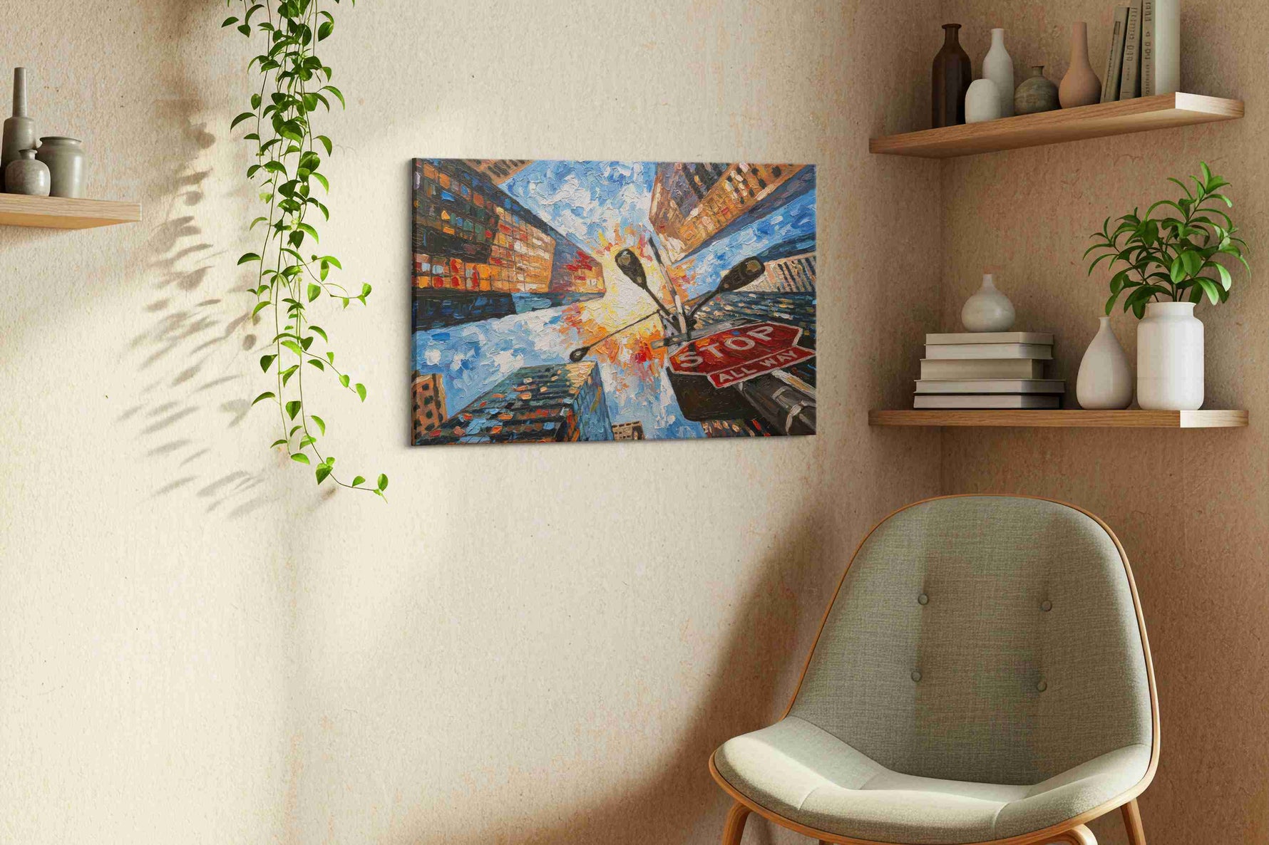 Skyward Metropolis Symphony urban canvas print, hanging on wall