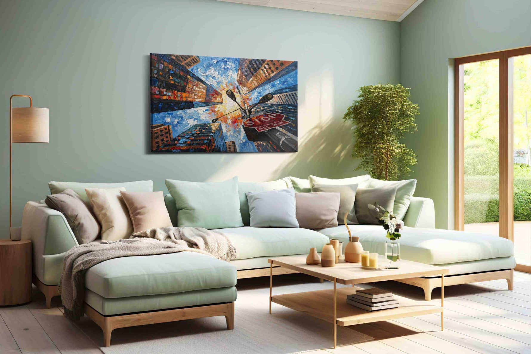 Skyward Metropolis Symphony urban canvas print shown in a wall scene