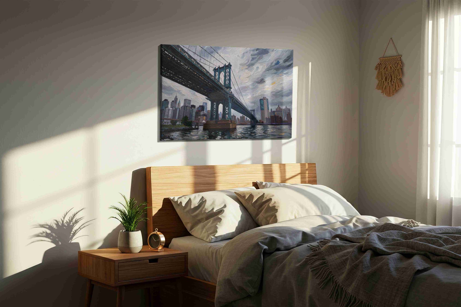 Skyward Steel Symphony urban canvas print, displayed in a bedroom