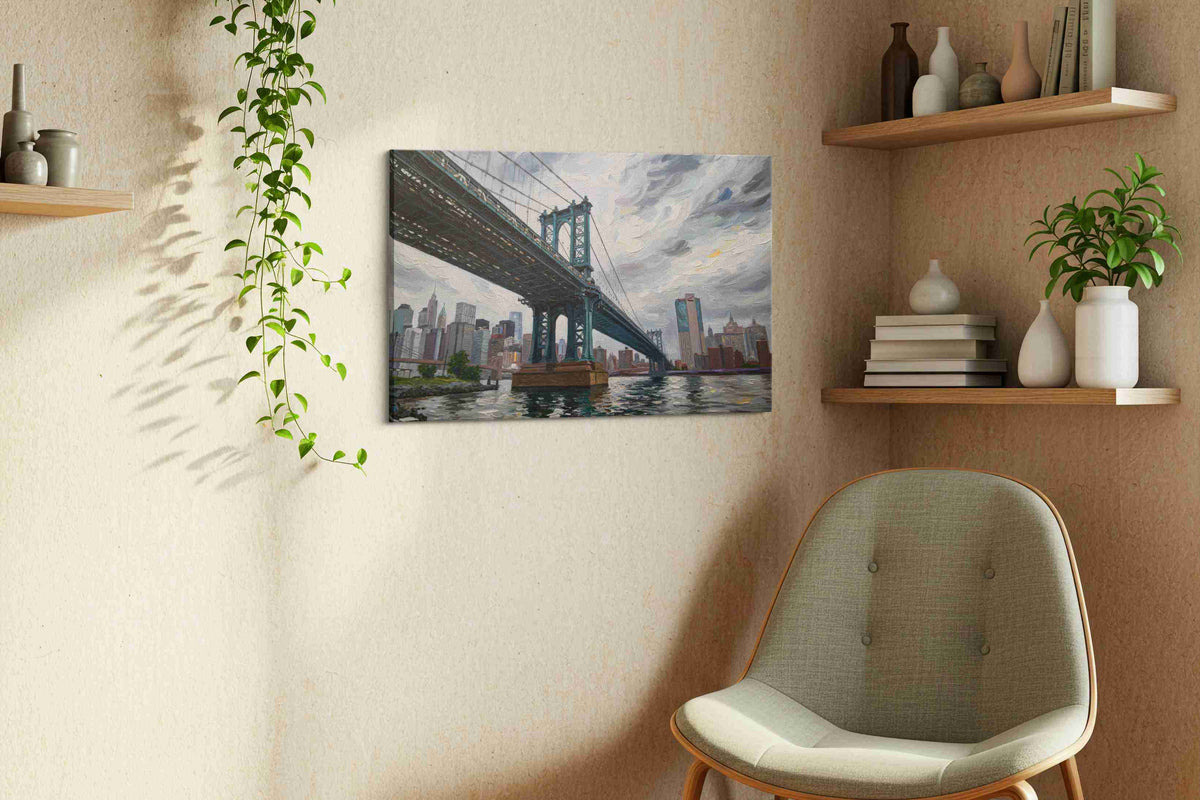 Skyward Steel Symphony urban canvas print, displayed in a living room