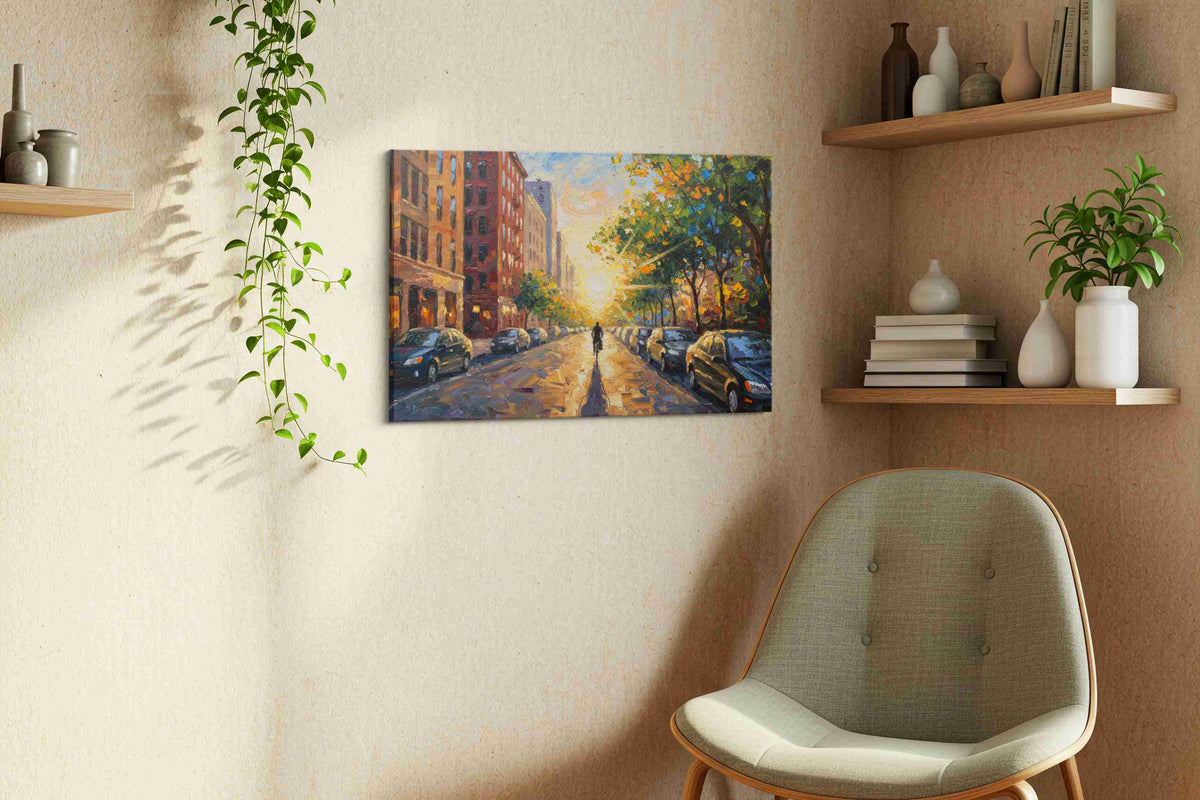 Sunlit Urban Symphony urban canvas print styled in a living room