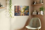 Sunlit Urban Symphony urban canvas print styled in a living room