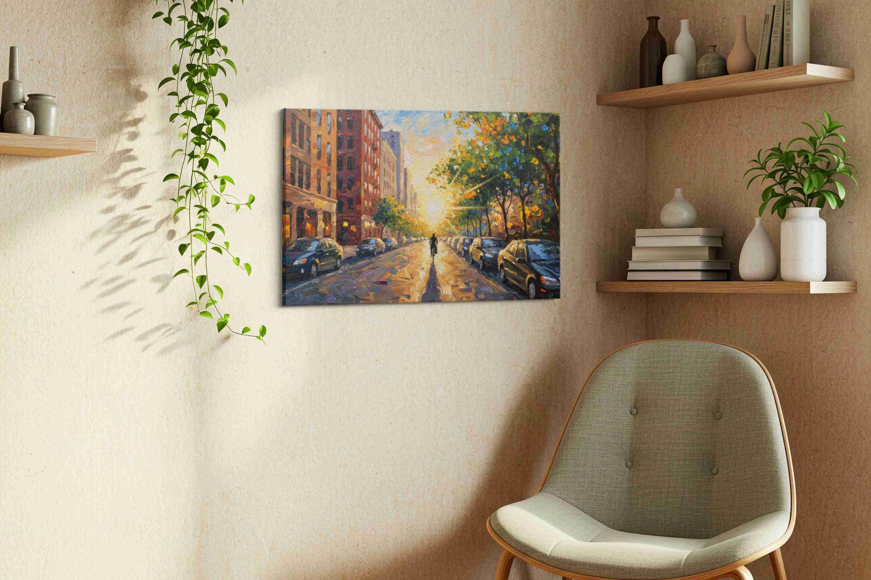 Sunlit Urban Symphony urban canvas print styled in a living room