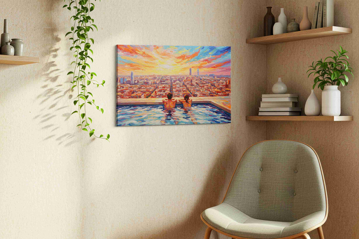 Sunset City Reverie romance canvas print, displayed in a living room