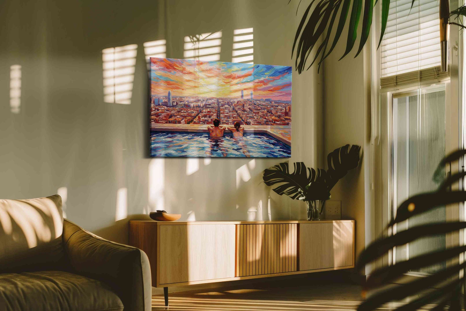 Sunset City Reverie romance canvas print in a contemporary interior mockup