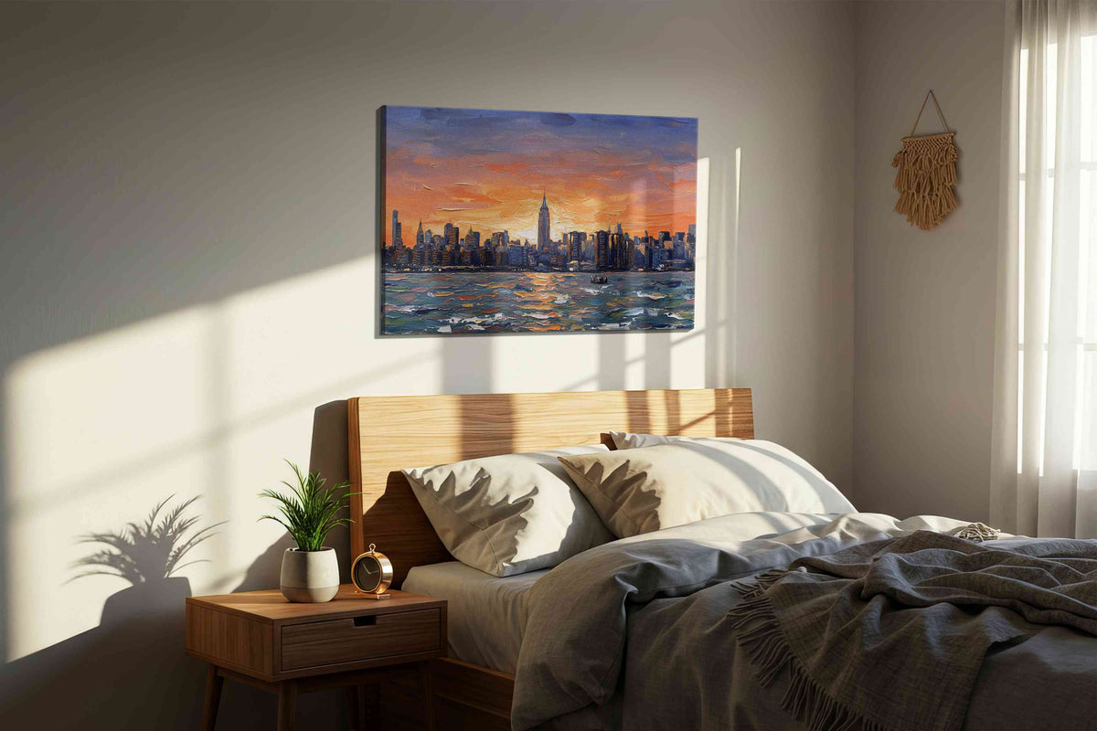 Sunset Symphony Over Manhattan landscape canvas print, displayed in a bedroom