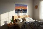 Sunset Symphony Over Manhattan landscape canvas print, displayed in a bedroom