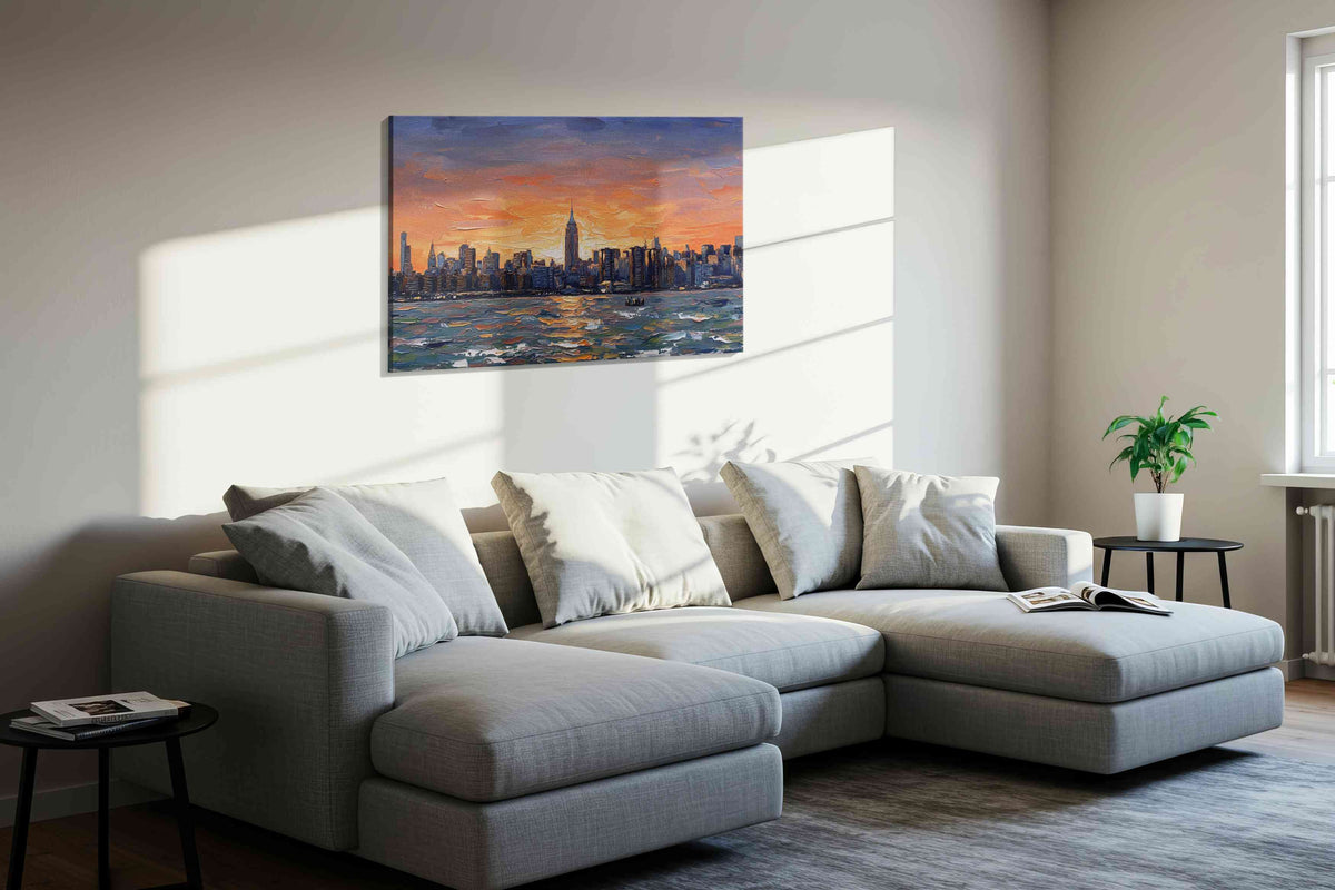 Sunset Symphony Over Manhattan landscape canvas print, displayed in a living room