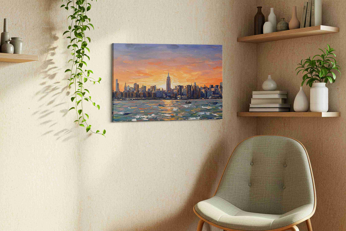 Sunset Symphony Over Manhattan landscape canvas print, hanging on wall — view 3