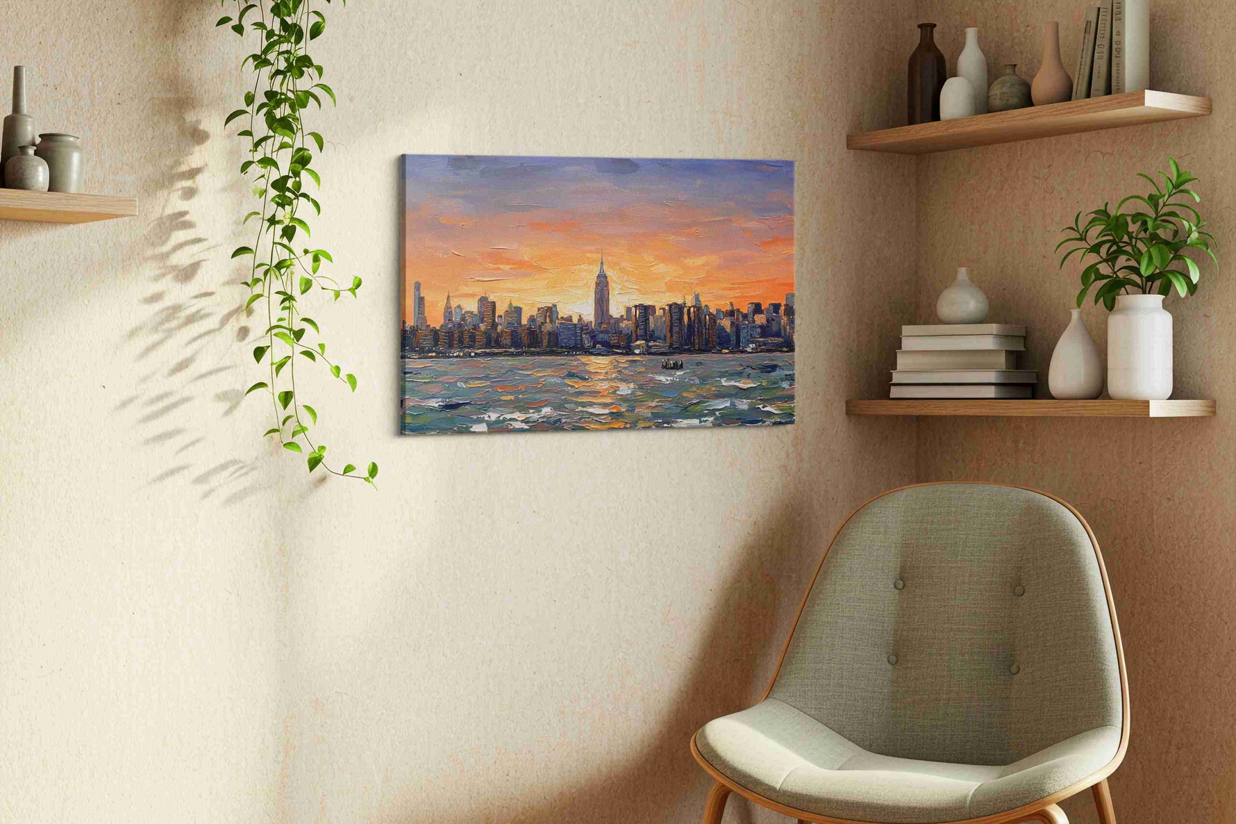 Sunset Symphony Over Manhattan landscape canvas print, hanging on wall — view 3
