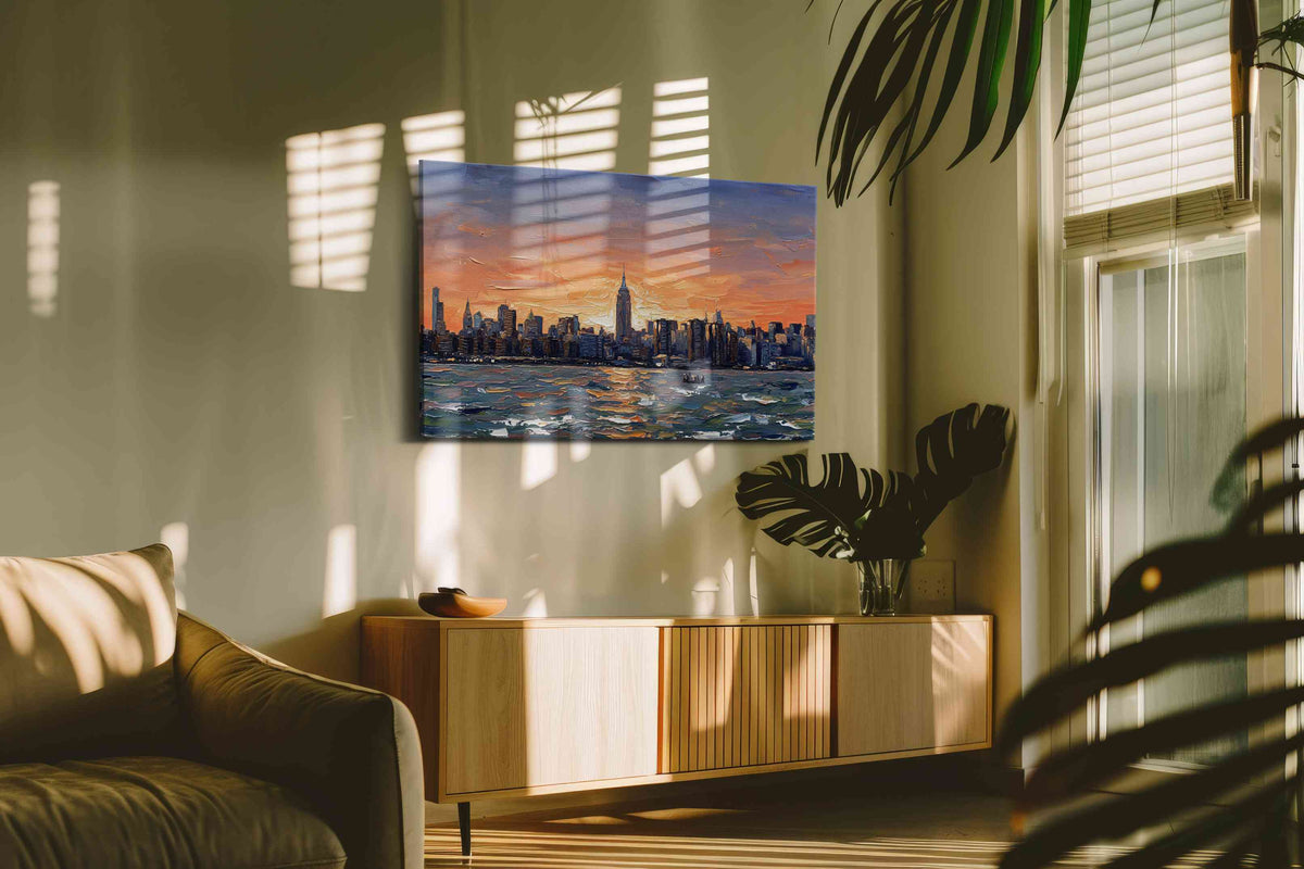 Sunset Symphony Over Manhattan landscape canvas print, hanging on wall