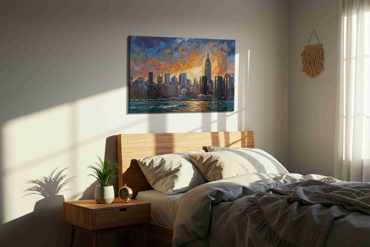 Sunset Symphony Over the Skyline urban canvas print, displayed in a bedroom