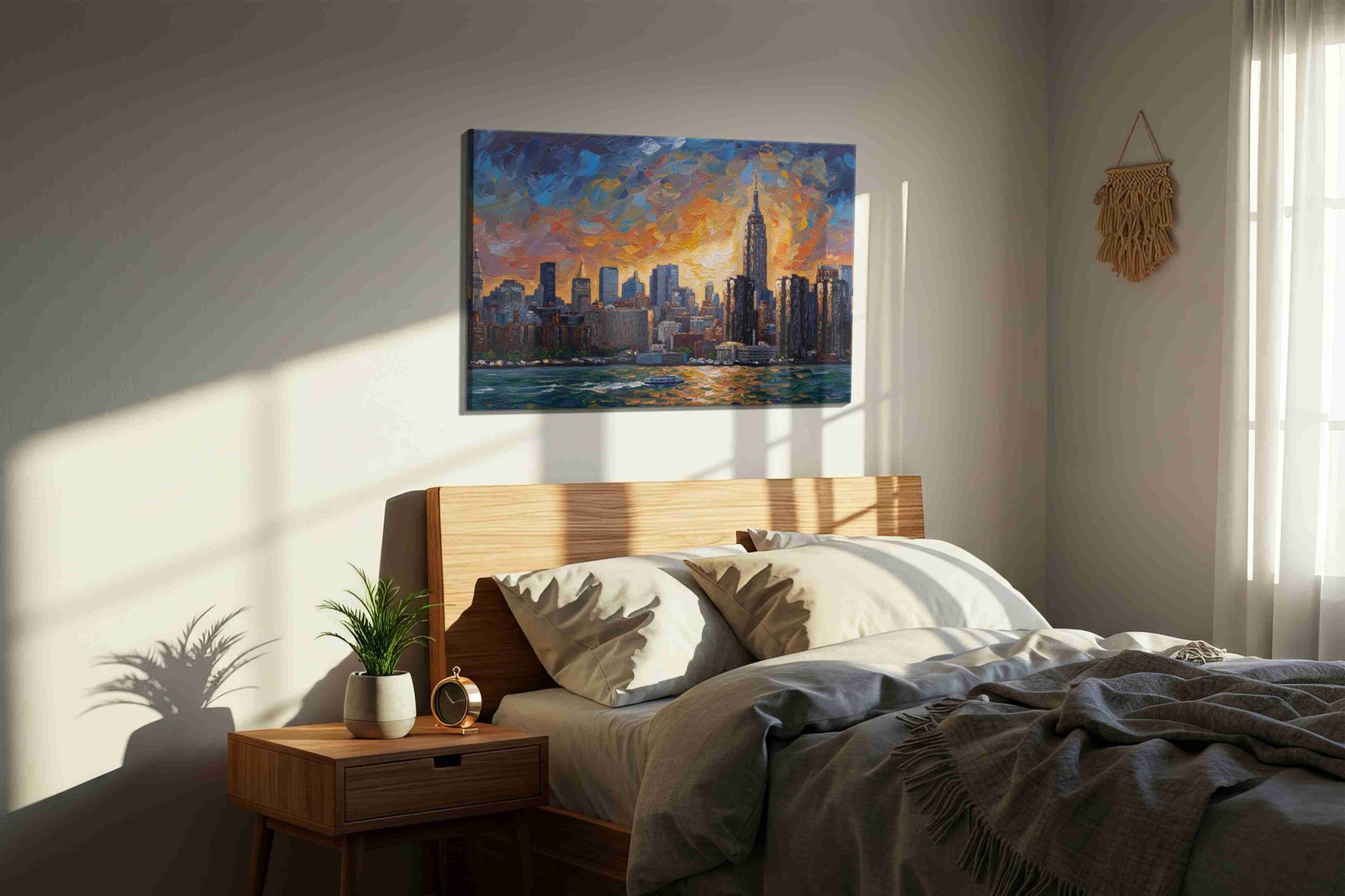 Sunset Symphony Over the Skyline urban canvas print, displayed in a bedroom