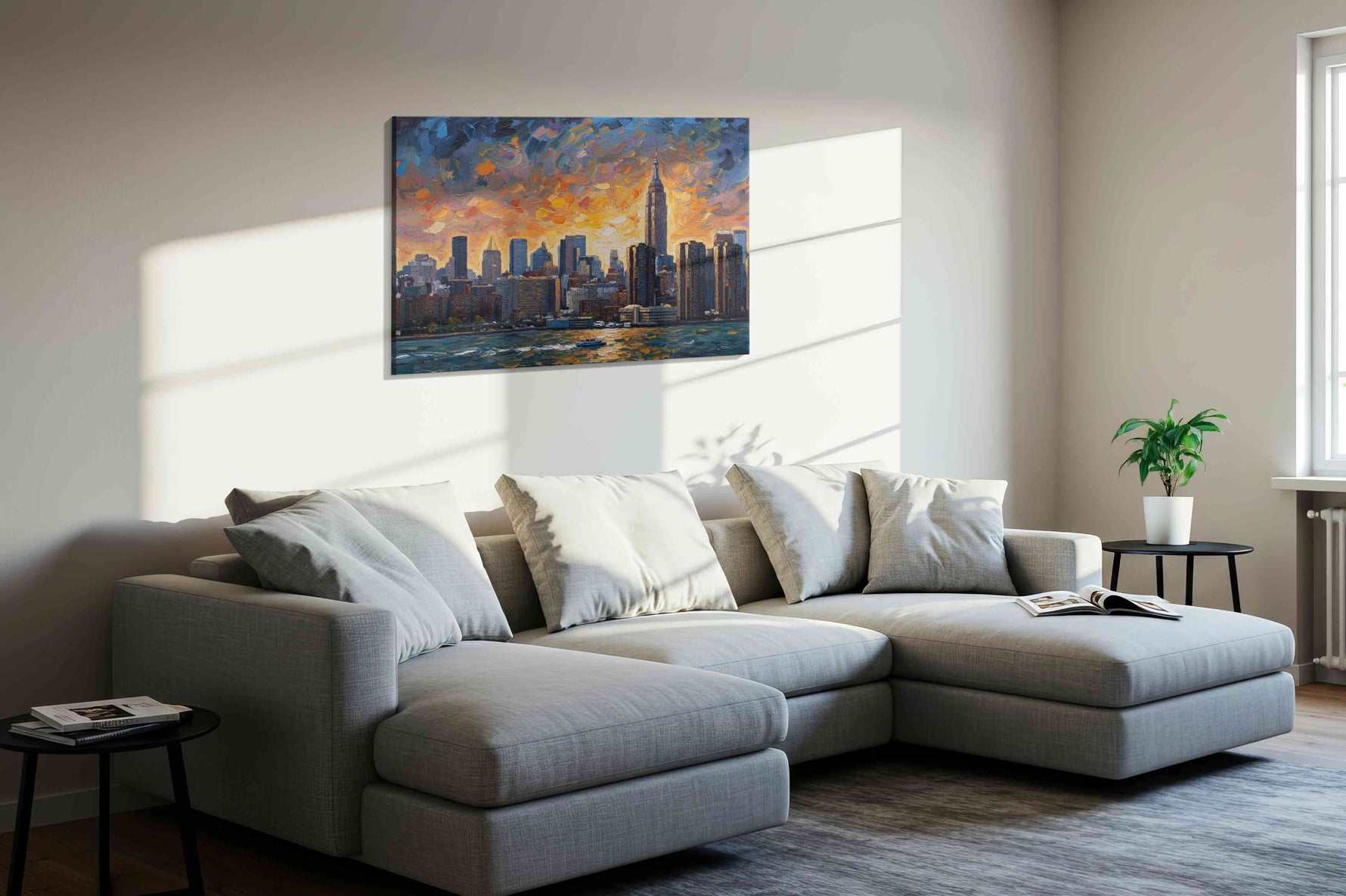 Sunset Symphony Skyline urban canvas print, displayed in a living room