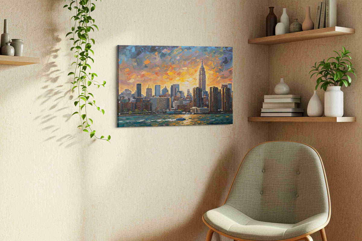 Sunset Symphony Skyline urban canvas print styled in a living room