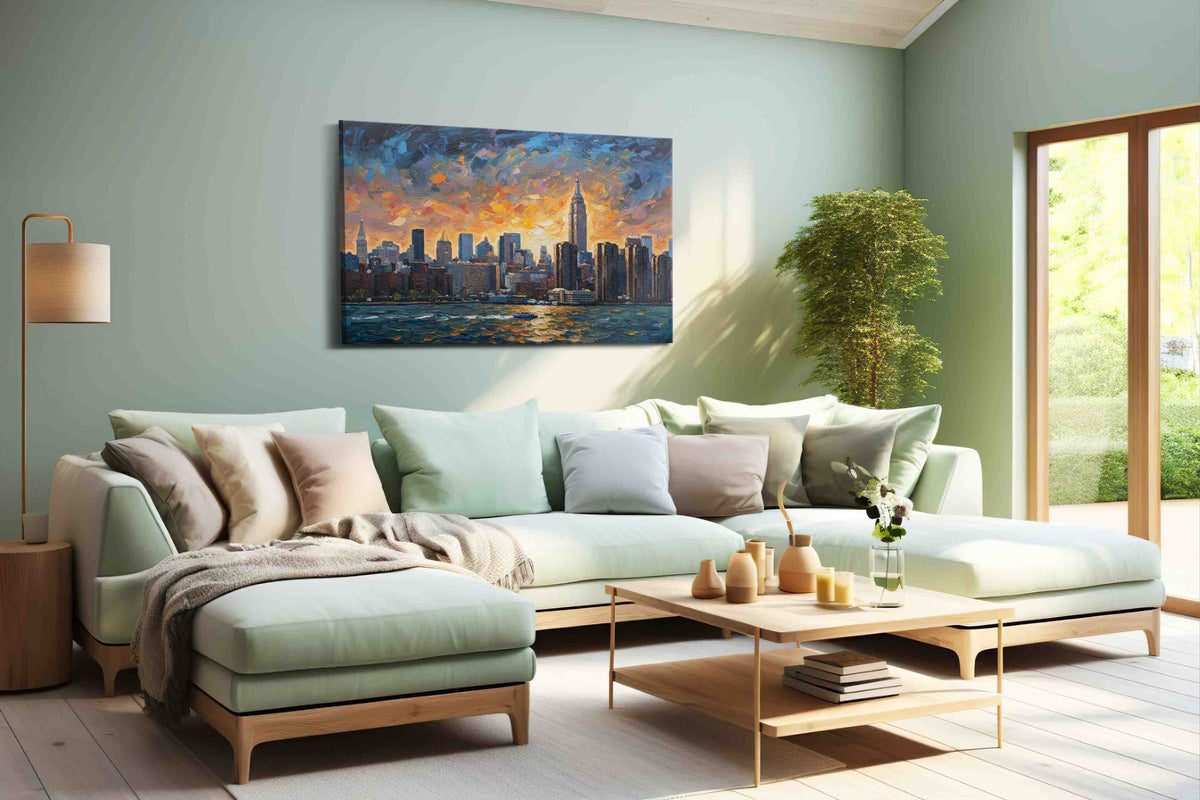 Sunset Symphony Skyline urban canvas print, hanging on wall
