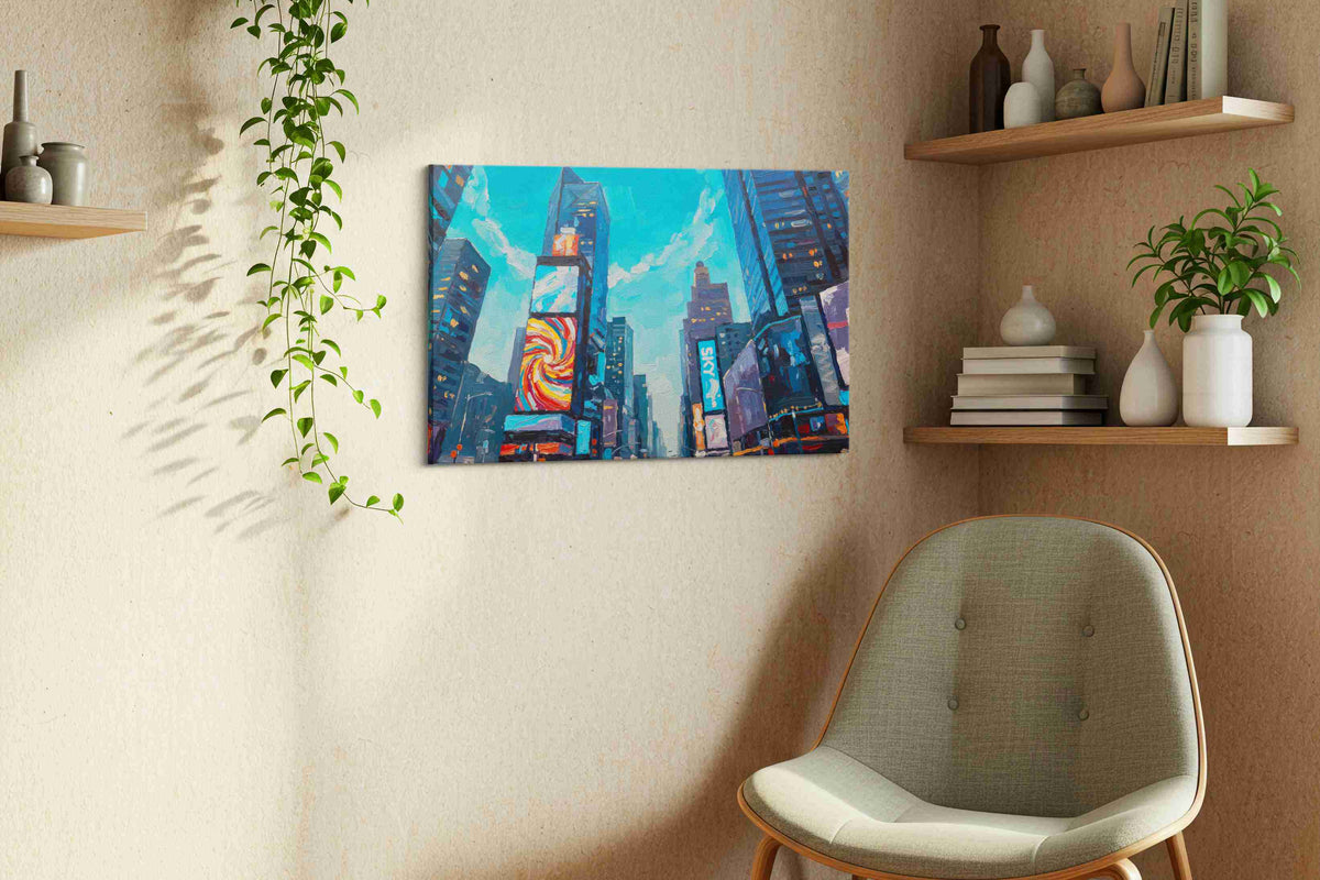 Urban Symphony in Blue urban canvas print, displayed in a living room