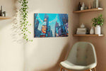 Urban Symphony in Blue urban canvas print, displayed in a living room