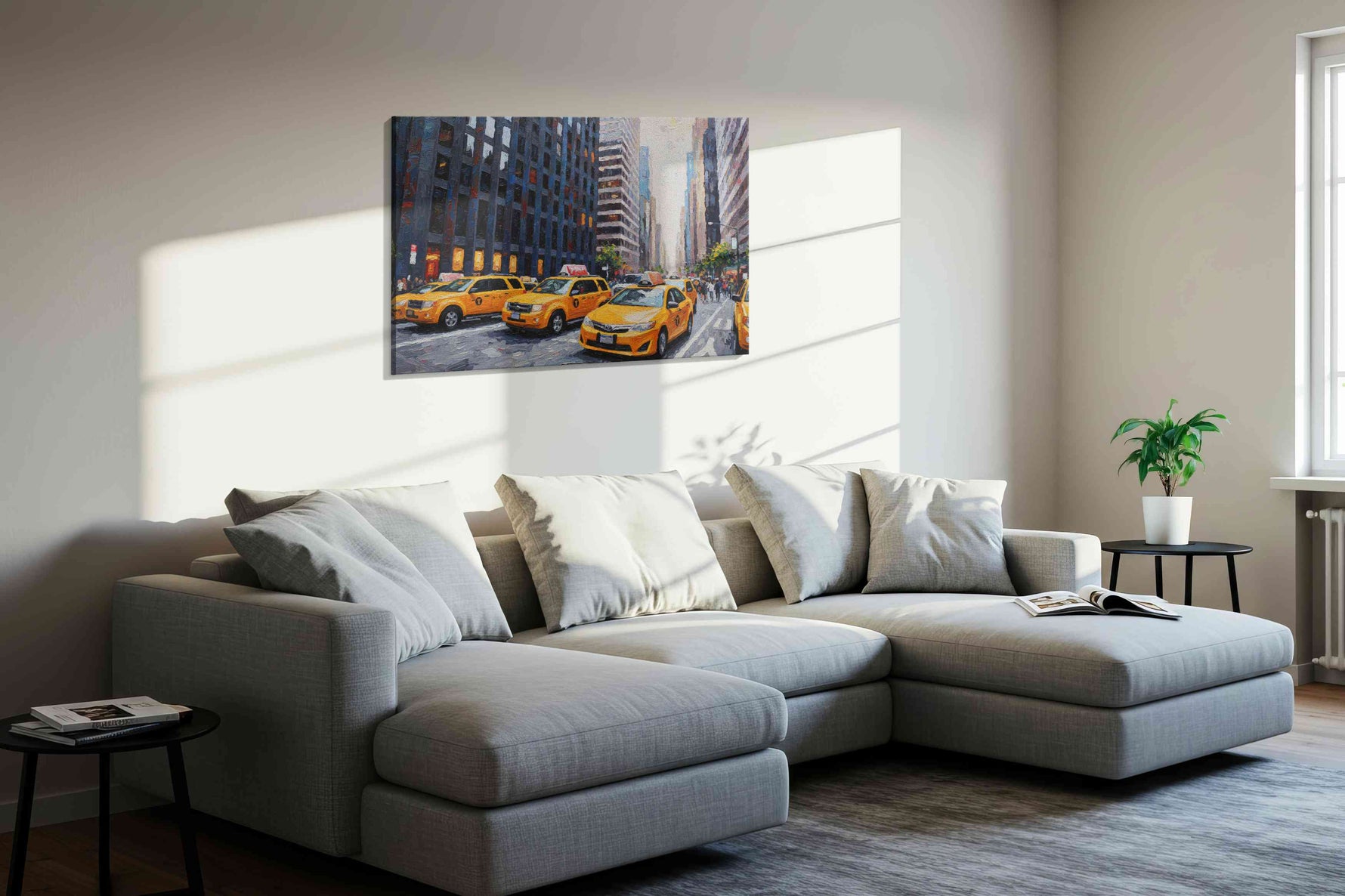 Urban Symphony of Yellow urban canvas print in a living room scene
