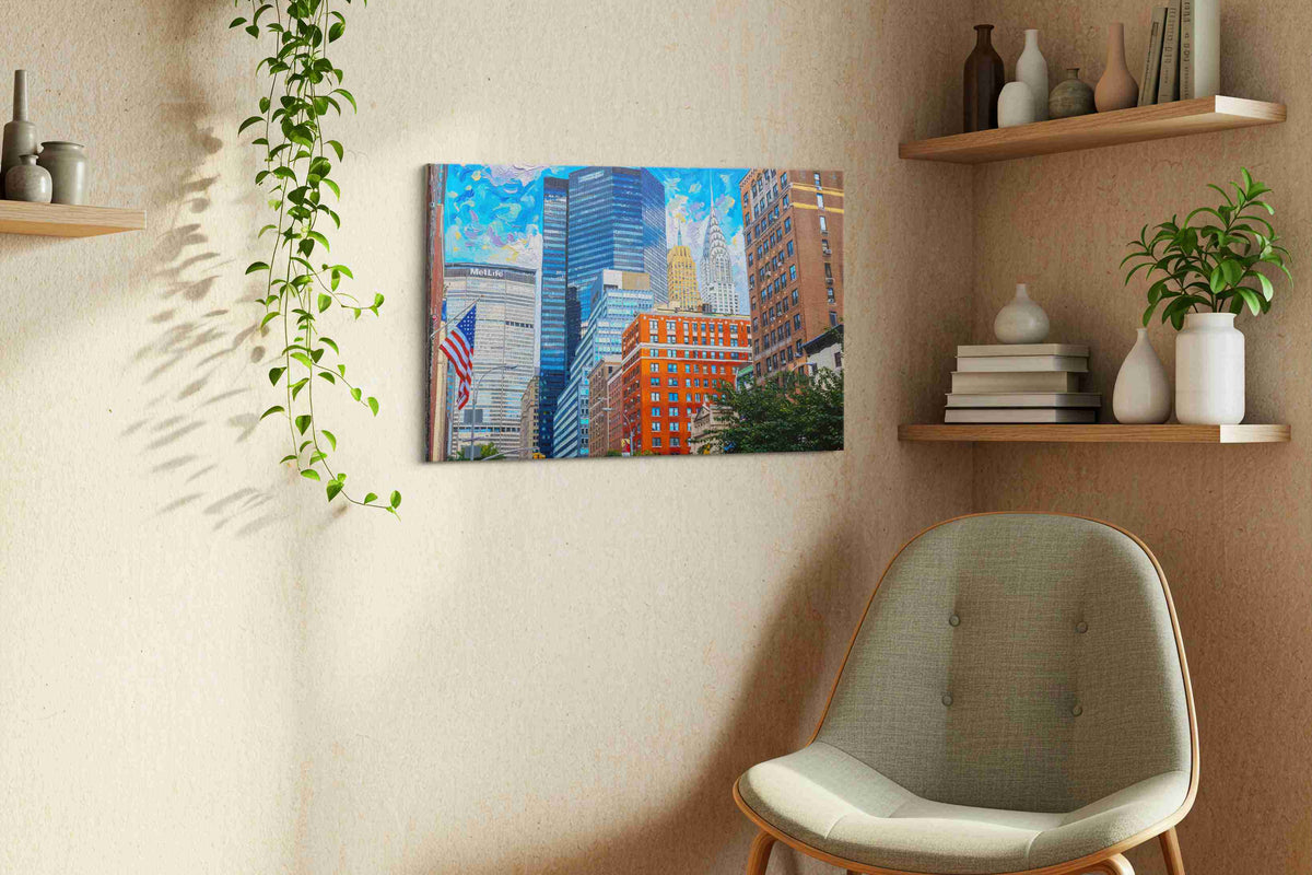 Vibrant Skyscraper Symphony urban canvas print, hanging on wall — view 2