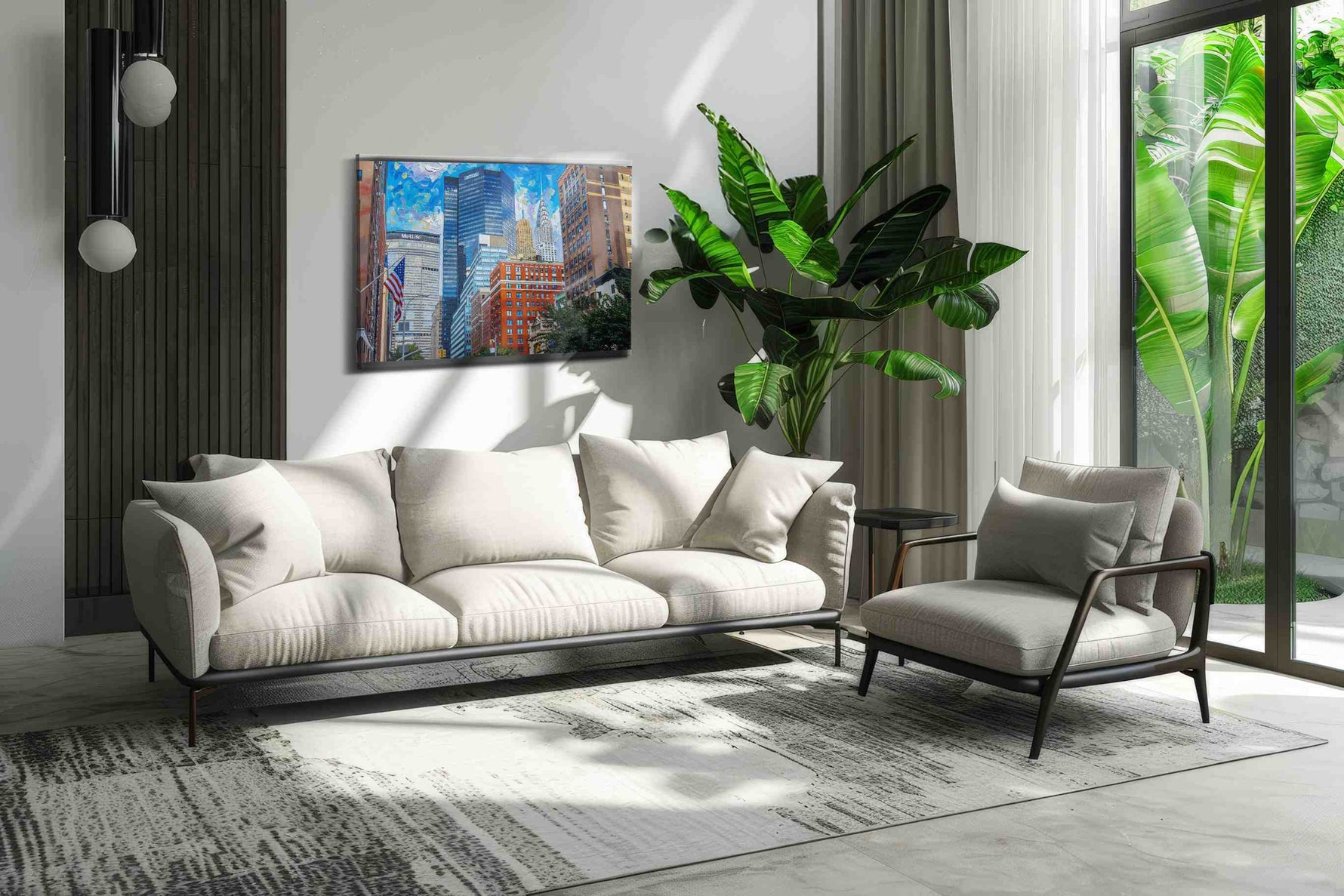 Vibrant Skyscraper Symphony urban canvas print in a hung canvas mockup