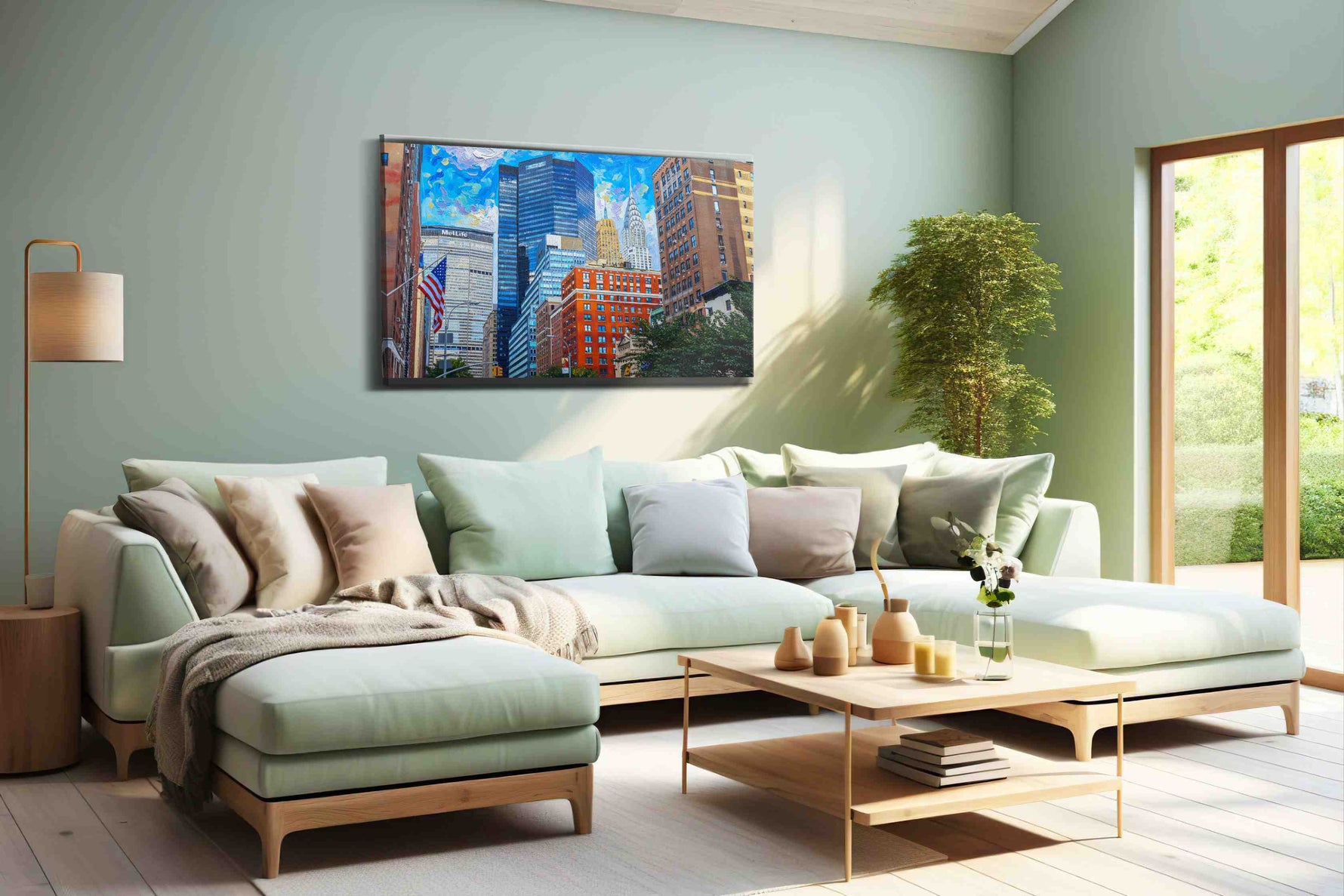 Vibrant Skyscraper Symphony urban canvas print, hanging on wall