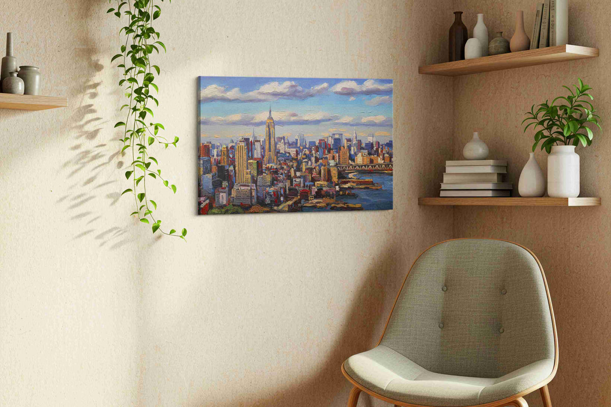 Vibrant Urban Symphony urban canvas print, displayed in a living room