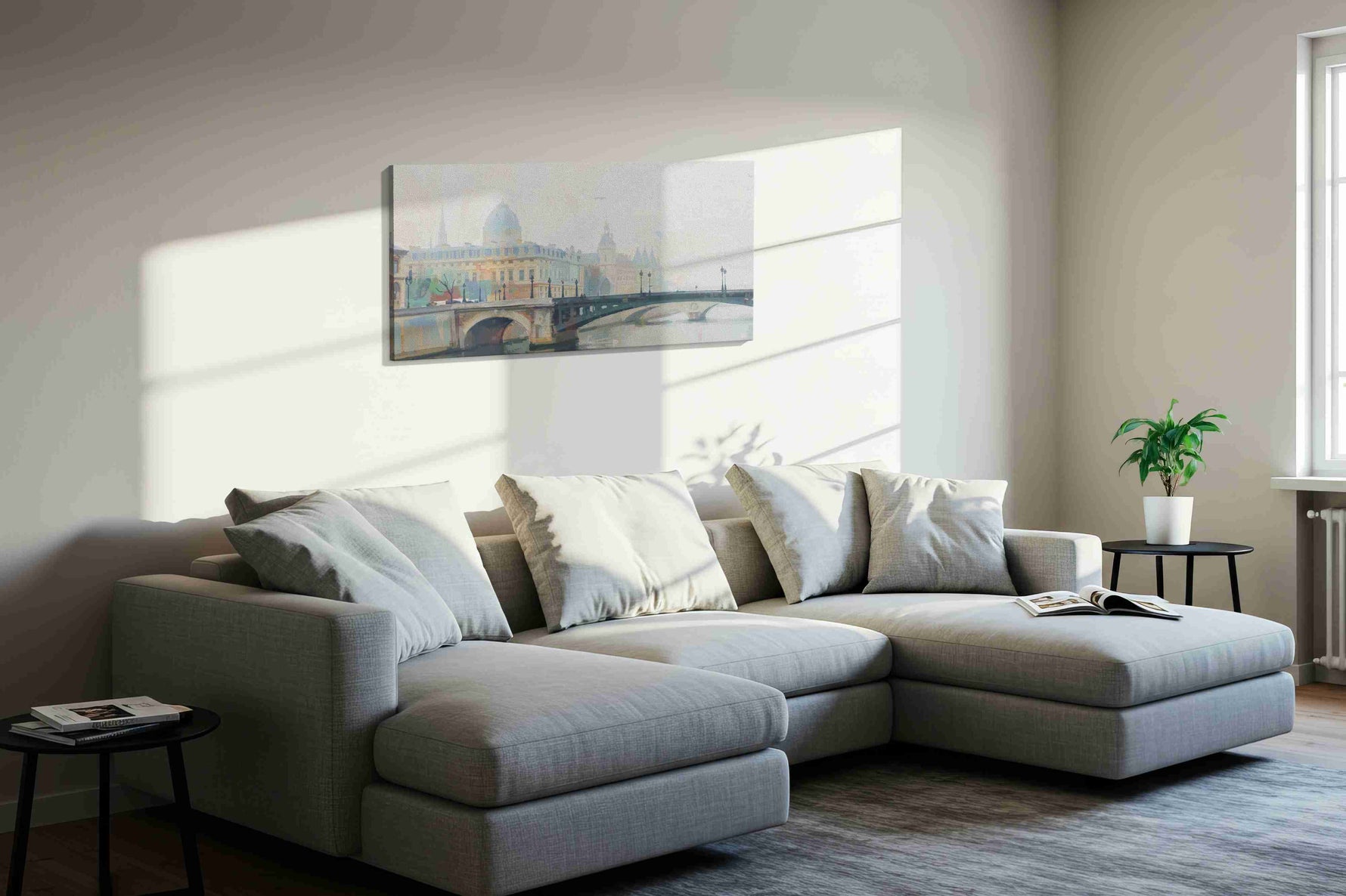 Whispers of Parisian Mist landmarks canvas print, displayed in a living room