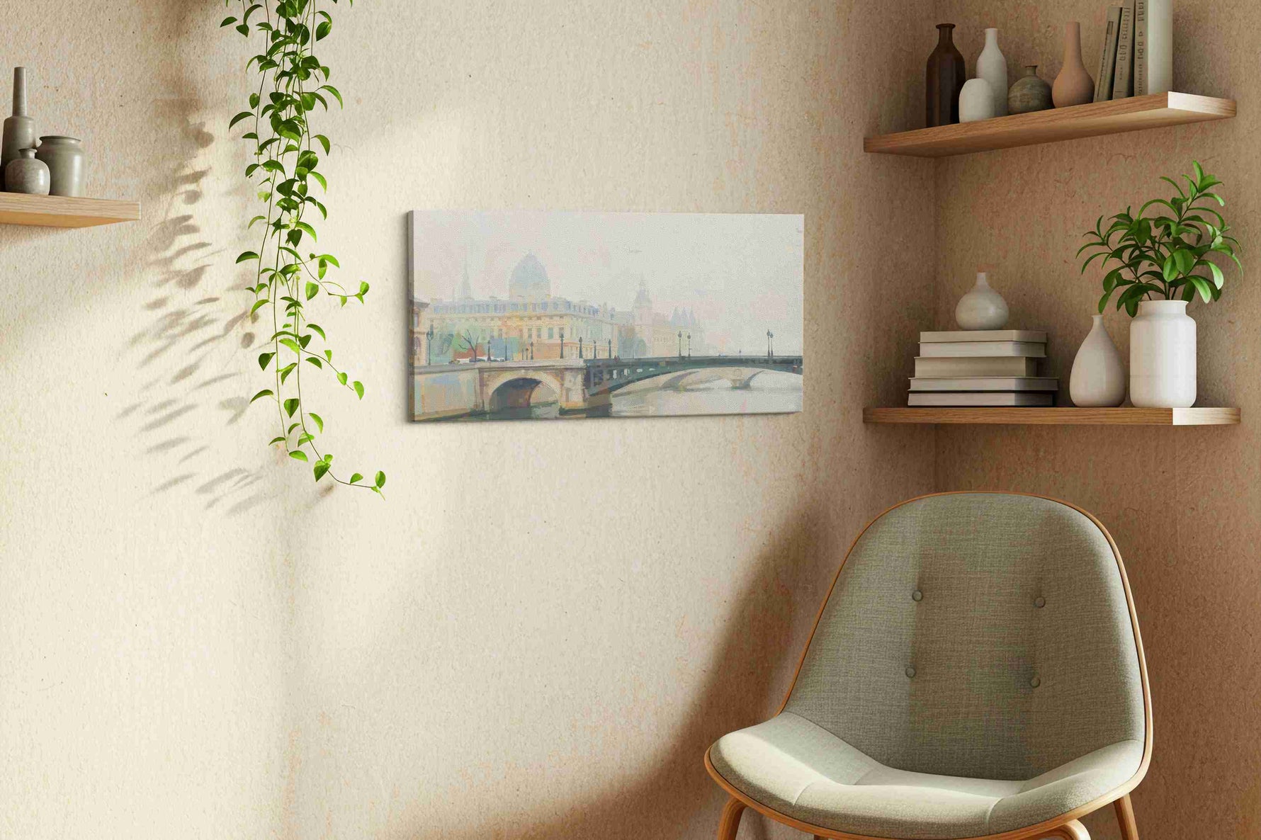 Whispers of Parisian Mist landmarks canvas print styled in a living room