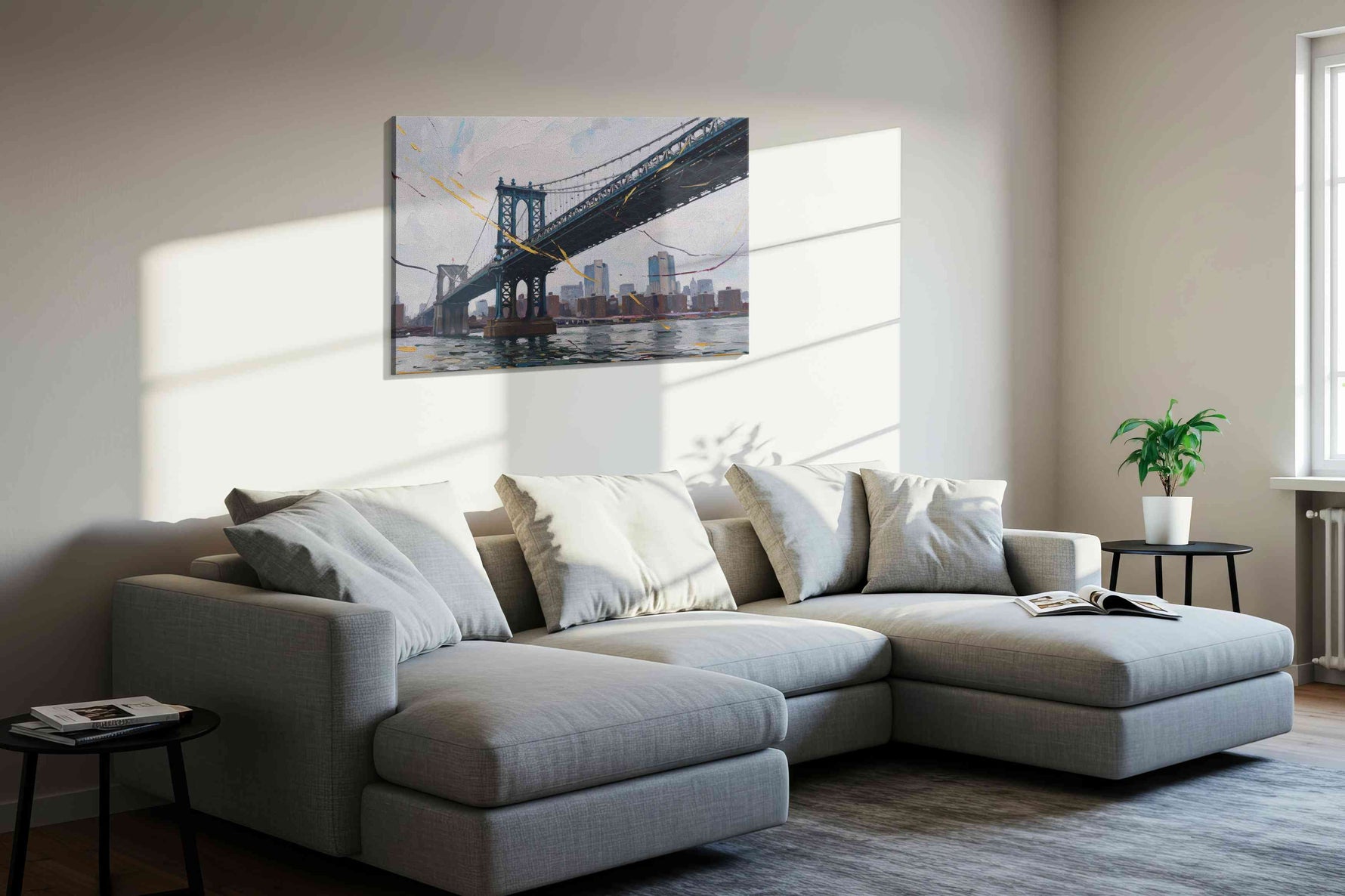 Whispers of the Urban River urban canvas print, displayed in a living room