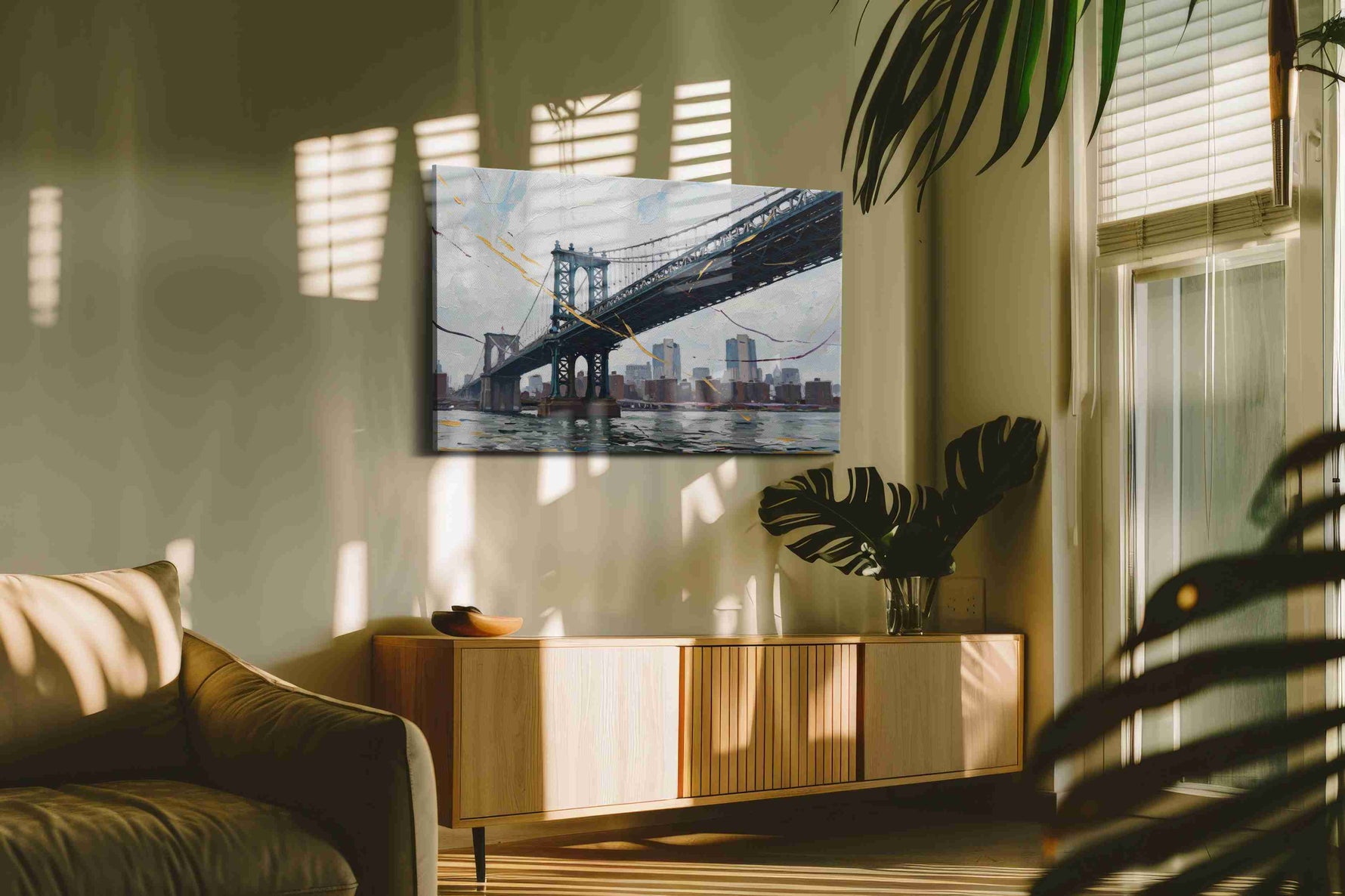 Whispers of the Urban River urban canvas print, hanging on wall — in a hung canvas mockup
