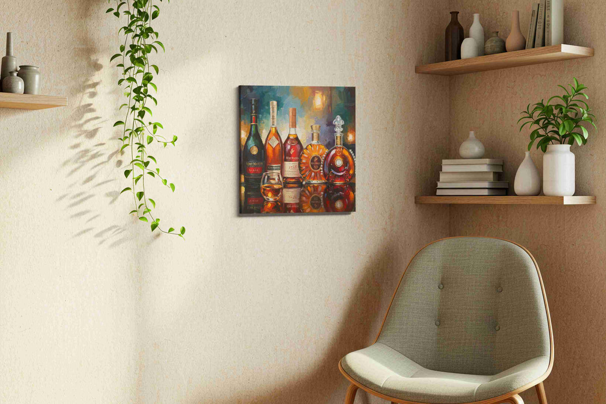 Eloquent Spirits Symphony wine canvas print styled in a living room