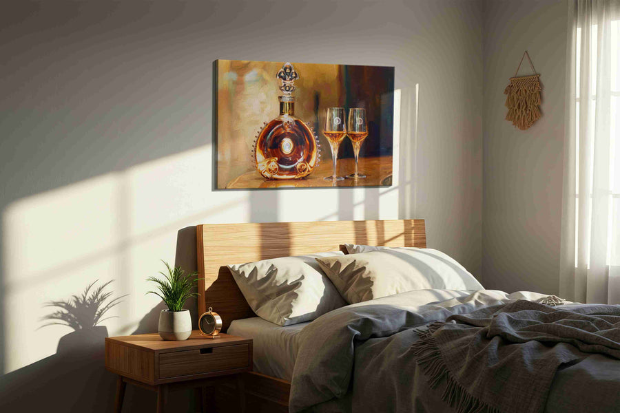 Golden Elixir Reverie wine canvas print, displayed in a bedroom