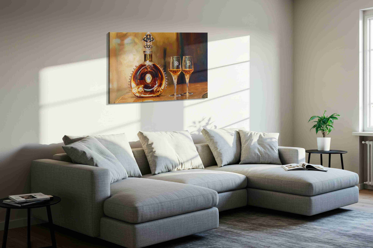Golden Elixir Reverie wine canvas print, displayed in a living room