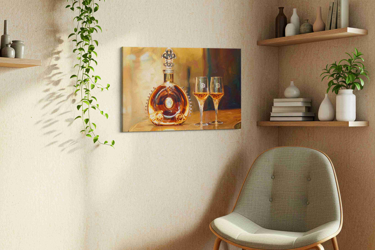 Golden Elixir Reverie wine canvas print styled in a living room