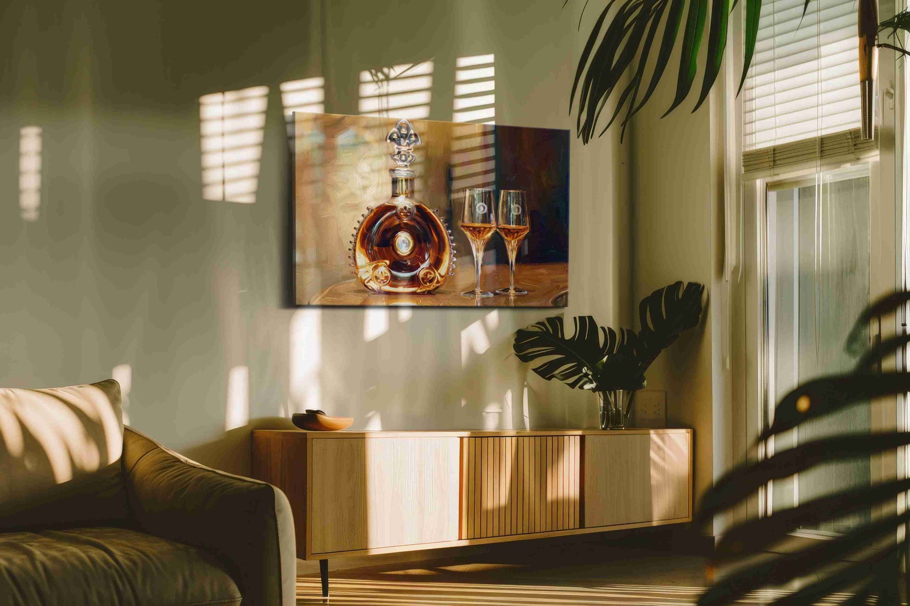 Golden Elixir Reverie wine canvas print in a contemporary interior mockup