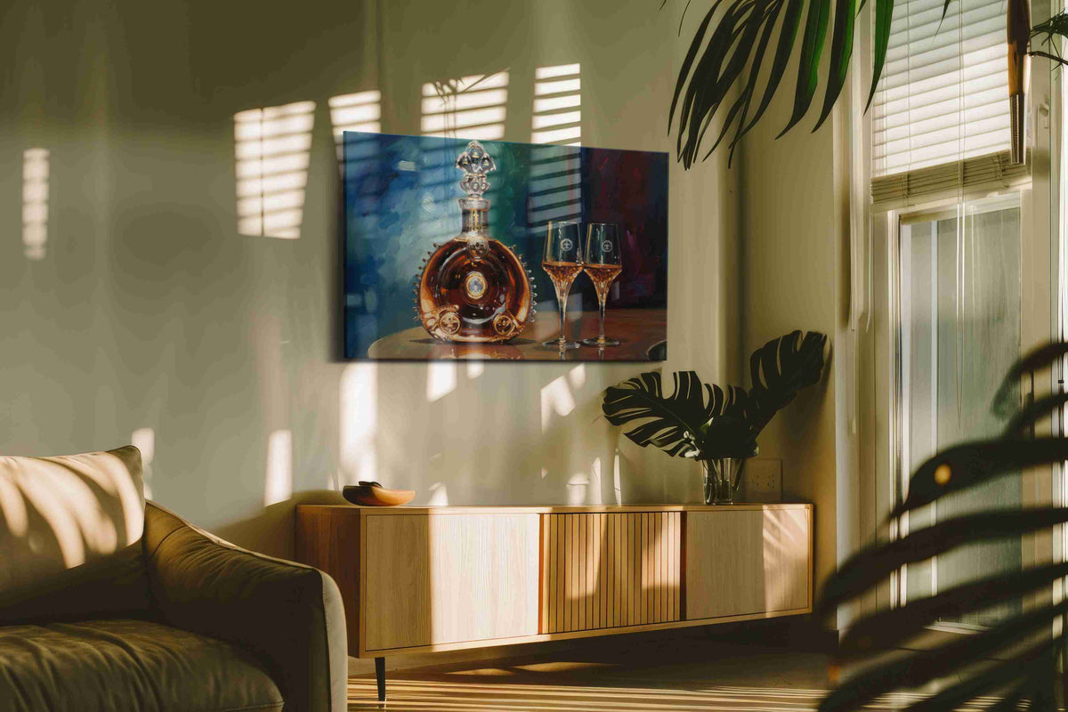 Opulent Elegance A Sip of Luxury wine canvas print, displayed in a living room