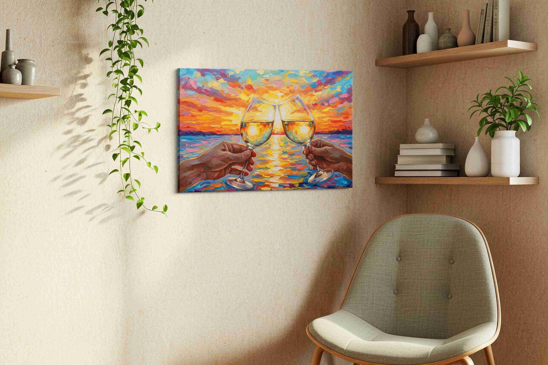 Toast to the Sunset Bliss romance canvas print, displayed in a living room